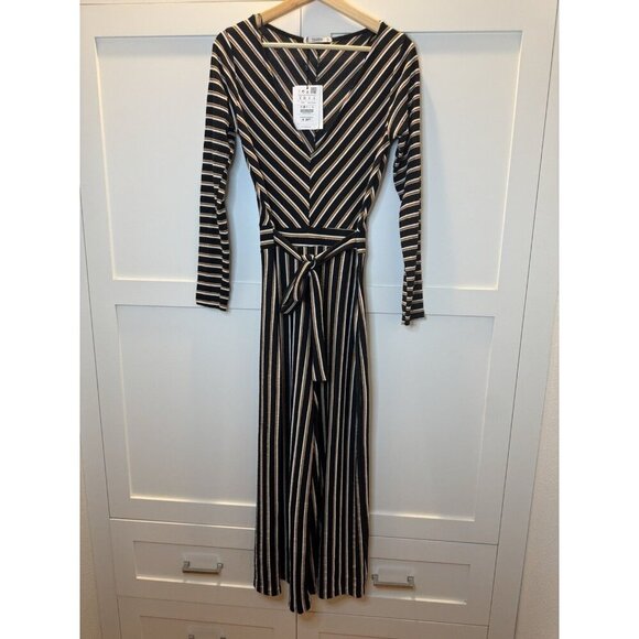 Pull&Bear Pants - NWT Pull & Bear Black Striped Wide Leg Knit Jumpsuit Sz S Boho Festival